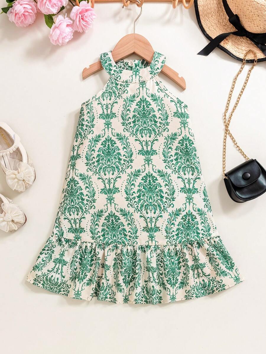 年輕女孩度假雙肩頸全印花A字連衣裙，夏季適合海邊假期 - 綠色 - 查看 1