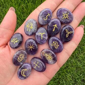 13pcs/Set Witches Runes Divination Set Nature Stone Clear Crystal Amethyst Gold Engraved Symbol, Unique Gift