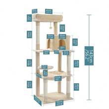 56 Inches Multi-Level Cat Tree With Cozy Condos Hammock Sisal-Covered Scratching Posts With Hanging Ball For Indoor Cats - 米色 - 查看 2