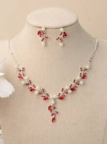 Royal 3pcs Women Faux Pearl & Rhinestone Detail Alloy Necklace And Earrings Set, Simple Style, Suitable For Weddings And Parties - Silver Red - View 4