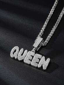 1pc Silver 3D Cubic Zirconia QUEEN Letter Pendant Chunky Figaro Chain Necklace, Unisex. Hip-Hop Style Men's Full Diamonds QUEEN Letter G Chain , Suitable For Daily Wear And Festival, Prefect Gift For Couples And Lovers.