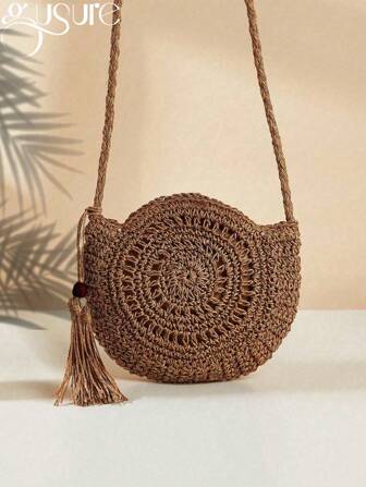 Gusure Bag Handmade Woven Round Boho Tassel Decor Crossbody Bag Fashion Hollow Out Bag For Travel Holiday, Straw Purse, Straw Beach Bag, Beach Necessities, Beach Essentials,Beach Stuff & Summer Essentials, Fashionable Vacation Bag For Summer, Eye-Catching Beach Bag Summer