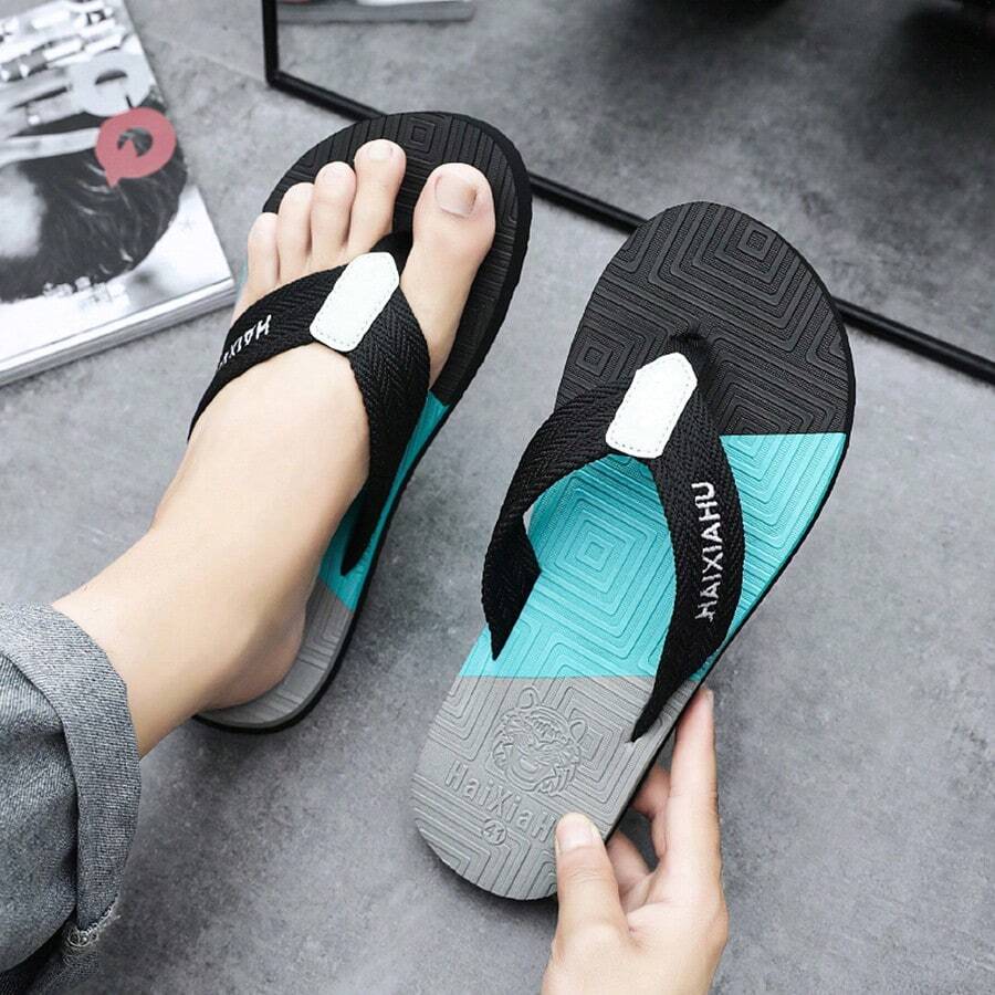 男士夏季時髦涼爽的拼色厚底拖鞋，室內外兼用，柔軟舒適，耐用耐磨 - 藍色 - 查看 1