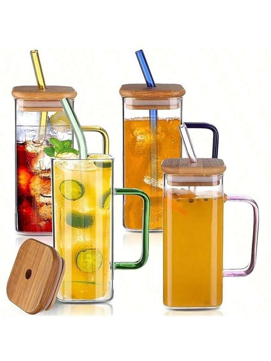 1个方形玻璃杯，配竹吸管，透明水杯带把手，适用于冰咖啡、果汁、牛奶、茶和其他饮料，冬夏皆宜 - 粉色 - 查看 1