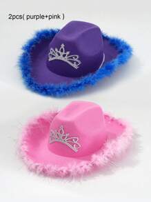 Unisex Western Cowboy Hat With Pink Crown, Feather & Fluffy Decoration, Perfect For Parties And Celebrations - Pink - View 10