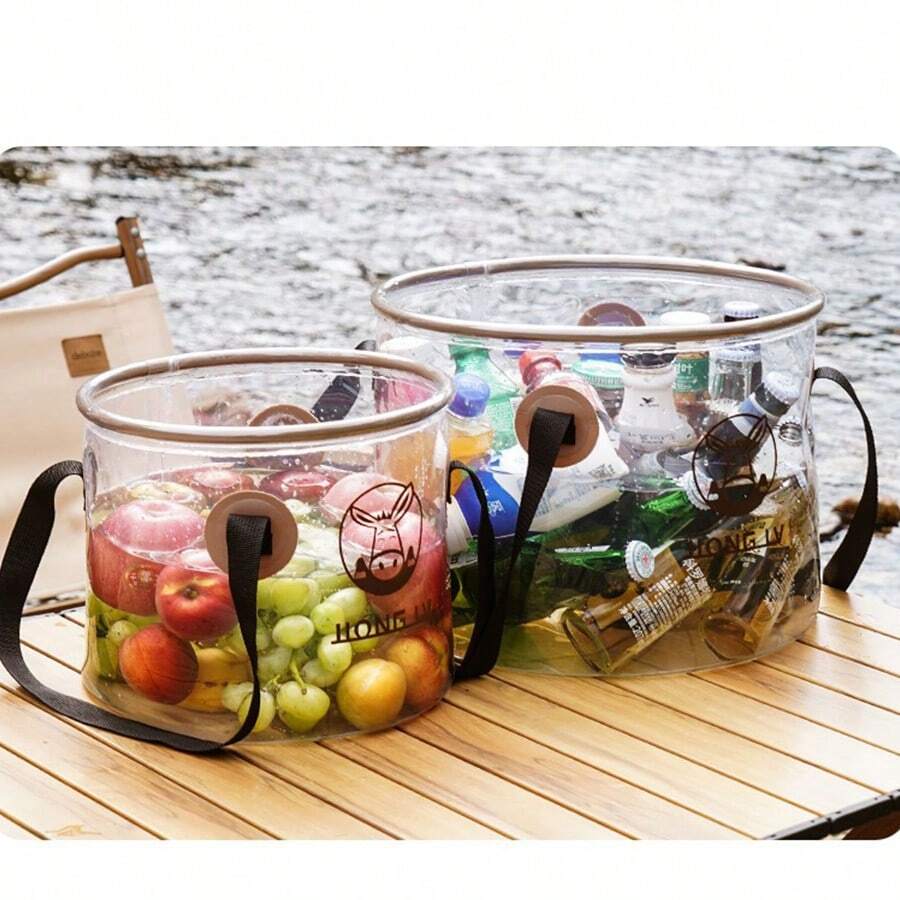 1pc Transparent ,Khaki Collapsible Bucket, Round Portable Outdoor Camping Basin, Travel Wash Basin,  Water Storage Container - Multicolor - View 1