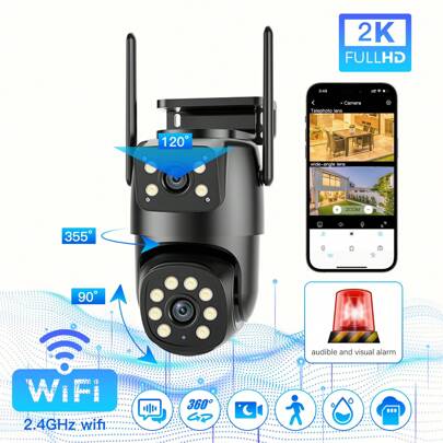 Dual Lens Linkage,4MP PTZ Security Camera Outdoor,Wireless Camera,360° View,Auto Tracking,Human Detection,Light Alarm,Color Night Vision,2.4G WiFi, Record,Two-Way Audio