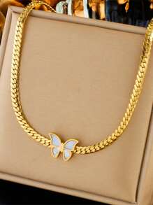 2pcs Set European And American Fashion Niche High-End Elegant Minimalist Metal Twist Clavicle Chain Necklace + Bracelet, White Butterfly Decor Stainless Steel Necklace & Bracelet