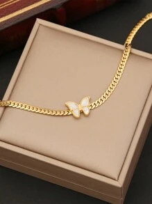 2pcs Set European And American Fashion Niche High-End Elegant Minimalist Metal Twist Clavicle Chain Necklace + Bracelet, White Butterfly Decor Stainless Steel Necklace & Bracelet