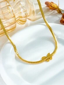 2pcs Set European And American Fashion Niche High-End Elegant Minimalist Metal Twist Clavicle Chain Necklace + Bracelet, White Butterfly Decor Stainless Steel Necklace & Bracelet