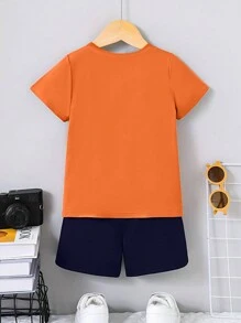 Tween男孩寬鬆剪裁橙色太陽印花上衣和棕櫚樹圖案舒適短褲套裝 - 橘色 - 查看 2