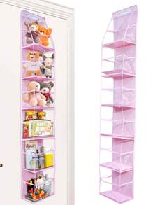 1pc rosa pendurado saco de armazenamento pendurado organizador 6-prateleira organizador de quarto com bolsos de plástico transparente atrás da porta organizador de armazenamento para armazenamento de berçário, bebê bonecas brinquedo titular amor dia dos namorados