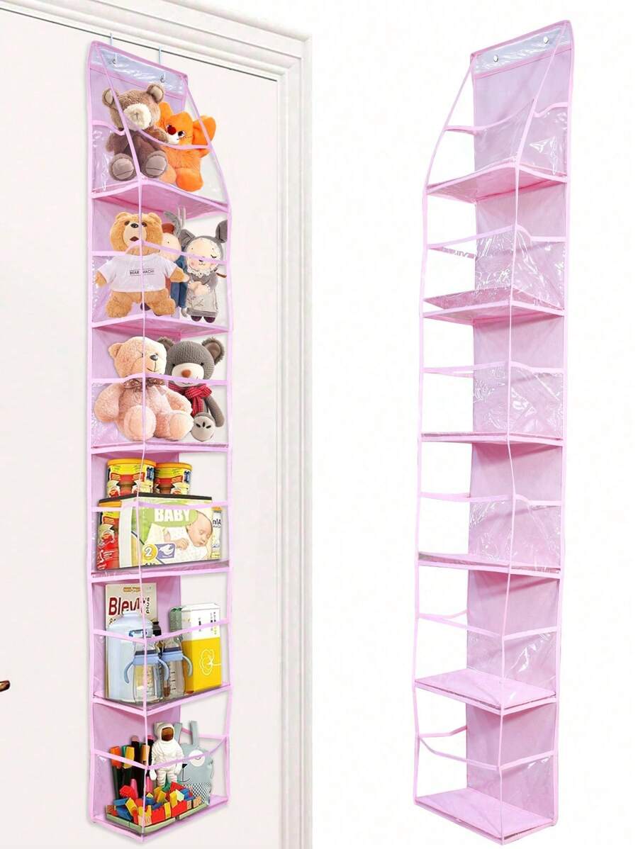 1pc rosa pendurado saco de armazenamento pendurado organizador 6-prateleira organizador de quarto com bolsos de plástico transparente atrás da porta organizador de armazenamento para armazenamento de berçário, bebê bonecas brinquedo titular amor dia dos namorados