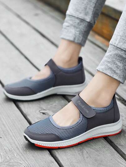 Zapatillas deportivas transpirables de malla para mujer, sandalias suela blanda antideslizante de color sólido con puntera redonda, aptas para uso diario, deportes, tenis.