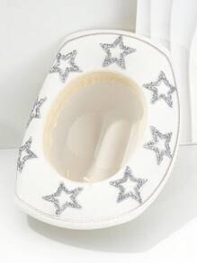 1pc Solid Unique Shiny Rhinestone Stars Hollow-Out Printed Cowboy Hat, Suitable For Parties, Western-Themed Activities, Gatherings, Engagement Parties, Role-Playing, Graduations, Costume Parties, Festivals, Weddings, Birthday Celebrations, Music Festivals, And Adult Ceremonies. Street Fashion, 2024 Wedding Essentials, Classy Aesthetic, Dinner Party Essentials, Perfect For Single Ladies And Cowgirls, Girlcore, Vintage, Floral, Spring Summer Bright Colors, Pink Aesthetic, Novelty Punk Style Wide Brim Hat. Halloween