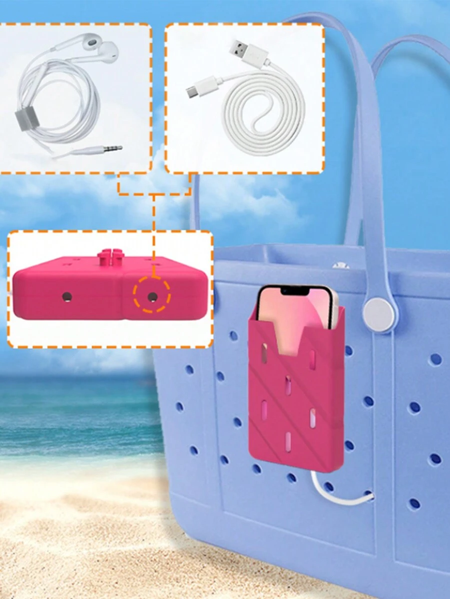 1 pieza Bolsa de playa portátil de silicona con soporte para teléfono y agujeros para accesorios de viaje, bolsa de goma, bolso de mano de goma, bolso de playa de goma - Rosa Fucsia - Ver 1