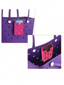 1 pieza Bolsa de playa portátil de silicona con soporte para teléfono y agujeros para accesorios de viaje, bolsa de goma, bolso de mano de goma, bolso de playa de goma - Rosa Fucsia - Ver 8