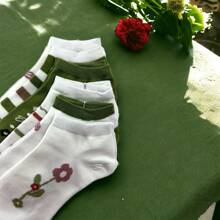 12 pares de calcetines tobilleros para mujer con encantadores diseños de inspiración natural y botánica, combinando la frescura del verde con la pureza del blanco, adornados con detalles florales y motivos campestres, ideales para un look cotidiano vibrante, con textura suave y confortable, tallas estándar - Multicolor - Ver 8