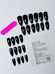 24 Pieces/Set Simple Almond Shape Black False Nails Are Suitable For Girls/Women's Daily Life. Party. Etc. + 1pc Jelly Gel + 1pc Nail File. Press On Nails Nail Supplies - Black - View 2