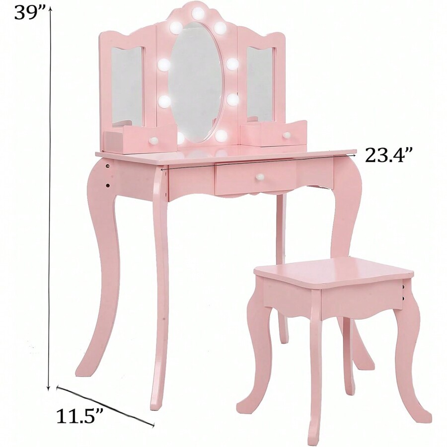 Kids Vanity Table, Girls Vanity With TriFolding Mirror, Drawer,Open