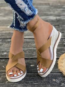 女士大尺碼露趾楔形鞋，2024年春夏季款，十字紋路厚底平台鞋，單色 - 棕色 - 查看 5