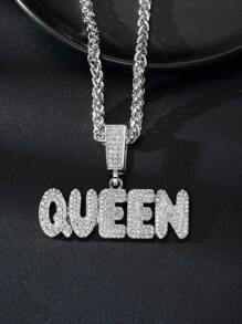 1pc Silver 3D Cubic Zirconia QUEEN Letter Pendant Chunky Figaro Chain Necklace, Unisex. Hip-Hop Style Men's Full Diamonds QUEEN Letter G Chain , Suitable For Daily Wear And Festival, Prefect Gift For Couples And Lovers.