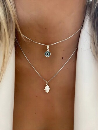 2pcs Simple Multi-Layer Devil's Eye Necklace Set, Great For Women's Holiday Or Daily Outfit, Gift Choice For Dating