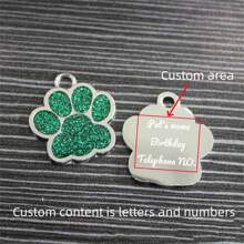 1入寵物ID標籤，狗爪印DIY吊墜配個性化刻字，彩色閃粉金屬貓爪設計 - 綠色 - 查看 3