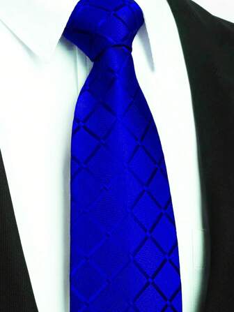 1條男士8cm時尚藍色格紋頸帶，適用於婚禮、派對和其他場合