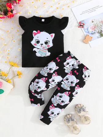 夏季熱銷嬰兒女童蝴蝶袖卡通小貓圖案上衣和休閒褲套裝，2件套