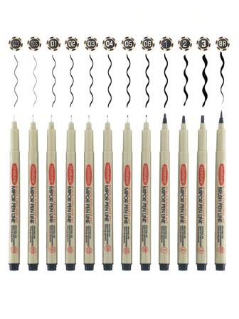 12 pièces Stylos à encre Fineliner, stylos à dessin à pointe fine noire stylos multiliner à encre d'archivage étanche pour illustration d'artiste, croquis, dessin technique, anime, manga, scrapbooking