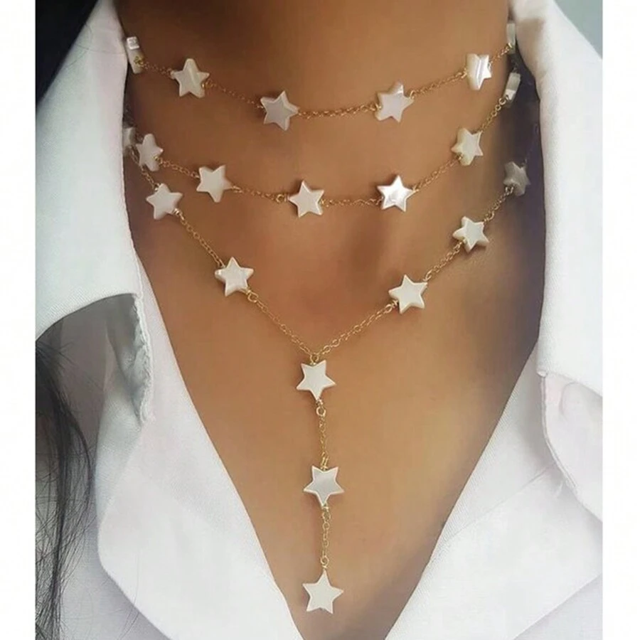 波西米亞風格夏季手工製作的STAR SHELL 貝殼天然石珠頸鏈，女性鏈條時尚女士珠寶時尚魅力假日派對 - 愛心項鍊 - 查看 1