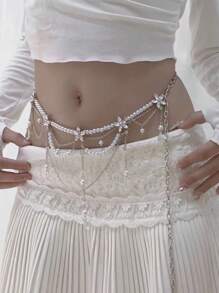 1 Stück europäischer und amerikanischer Stil Kunstperle Strass Blume Quaste Mehrschichtige Taillen Kette, modische elegante sexy Taillenkette für Frauen, Party Schmuck Valentinstag