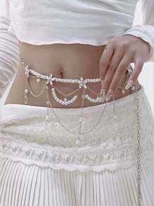 1 Stück europäischer und amerikanischer Stil Kunstperle Strass Blume Quaste Mehrschichtige Taillen Kette, modische elegante sexy Taillenkette für Frauen, Party Schmuck Valentinstag