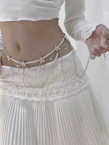 1 Stück europäischer und amerikanischer Stil Kunstperle Strass Blume Quaste Mehrschichtige Taillen Kette, modische elegante sexy Taillenkette für Frauen, Party Schmuck Valentinstag