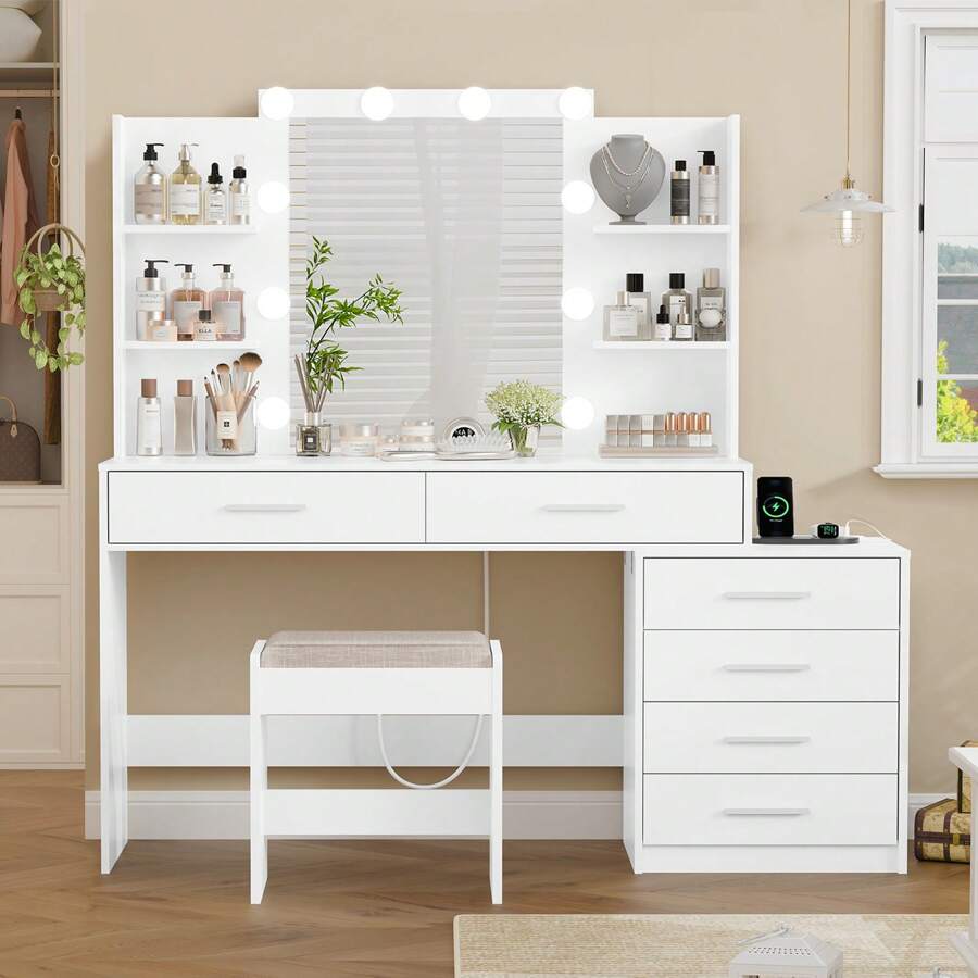 48" Large Vanity Desk With Mirror & Lights, Makeup Vanity With 6 Large Drawers & Power Strip, 4 Open Storage Shelves, Vanity Table Set 3 Lighting Modes Brightness Adjustable For Bedroom - White - View 1