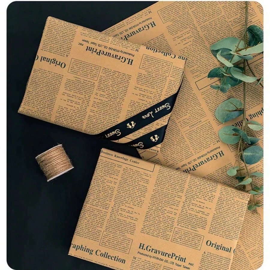 (1pc/Pack, 10 Sheets) Retro Floral & English Newspaper Printed Wrapping Paper For Gift Packaging, Sunflower & Kraft Paper Design - Black - View 1