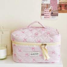 1 pieza Bolsa de maquillaje rosa con lazo y cinta, bolsa de maquillaje para mujer grande para viaje,cosmetiquera neceser neceseres de maquillaje - Rosa coral - Ver 10
