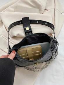2024New Women's Underarm Bag, European And American Style Vintage Rivet Motorcycle Bag With Pleat Detail Crescent Solid Shoulder And Crossbody Bag For Women