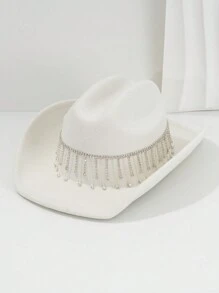 Women's Solid Color White Bridal Hat, Western Style With Faux Pearl Tassel Embellishment, 2024 Wedding Essentials, Classy Look, KJ Bridal Gift Hat, BR Fashionable, Ideal For Parties, Western-Themed Events, Gatherings, Engagement Parties, Role-Playing, Masquerades, Festivals, Weddings, Bachelorette Parties, Music Festivals Cowboy Hat - Black - View 8