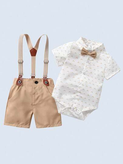 两件套男婴绅士套装：短袖衬衫配领结和背带短裤，时尚有型，适合生日派对、婚礼、宴会等场合。