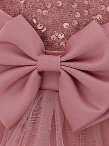 女婴纯色亮片网纱蝴蝶结薄纱蛋糕裙无袖可爱花童派对礼服，不含头饰