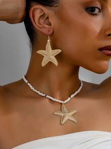 3 pièces Ensemble de collier et boucles d'oreilles de style décontracté de vacances à la plage personnalisé à la mode avec pendentif en coquillage, étoile de mer et faux perle pour femmes - Or jaune - Voir 15