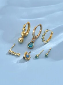7入組精美藍色立方氧化鋯石釘耳環套裝，簡約優雅風格，適合女士在約會、派對和日常生活中佩戴 - 金黃色 - 查看 3