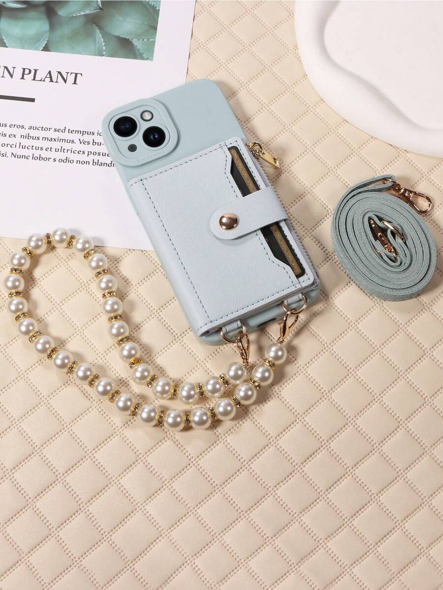 1pc Compatible With Iphone 16, Pu Leather Phone Case With Wallet, Card Slot, Mirror, Faux Pearl Bracelet, Cross-Body Design, Compatible With Samsung