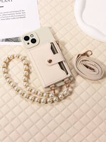 1pc Compatible With Iphone 16, Pu Leather Phone Case With Wallet, Card Slot, Mirror, Faux Pearl Bracelet, Cross-Body Design, Compatible With Samsung - Beige - View 4