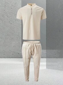 Bộ đồ thể thao thời trang nam phong cách bạn trai mới, áo polo màu trơn và quần âu trang phục bộ đồ hai mảnh phong cách bạn trai cho nam - Màu Khaki - Xem 2