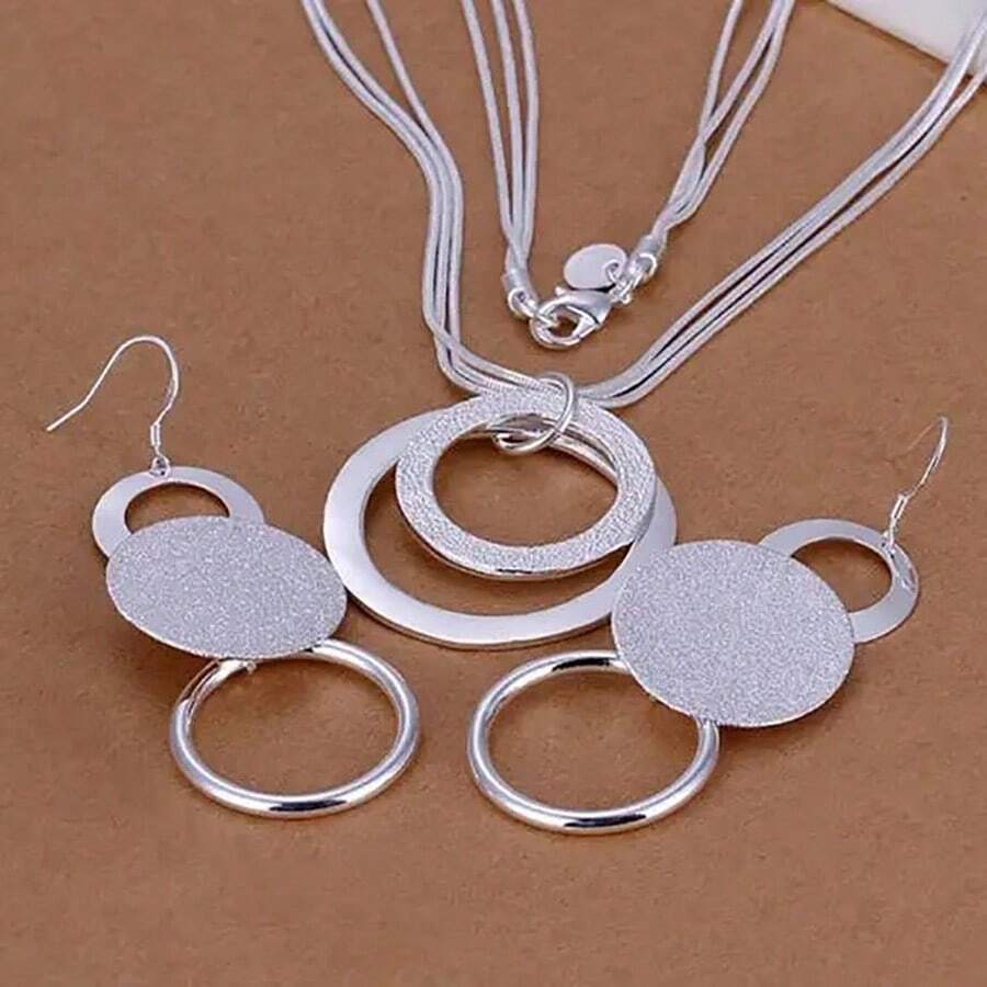 Charms Wedding Silver Jewelry Fashion Pretty Round Pendant Necklace Earring Women Party Set Top Quality