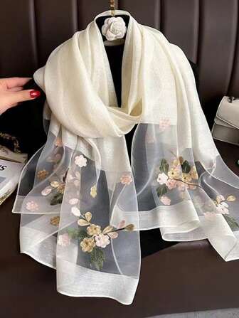 1pc New Floral Embroidery Beaded Thin Scarf For Women, Fashionable Elegant Shawl For Sun Protection, Windproof, Beach Cover-Up Boho