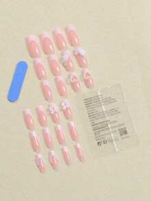 24 Pieces Square Pink Press On Nails White French Camellia Pearl Love Design Cute Pink Girl Must Have False Nails With Jelly Glue A File Strip 1pc Nail Supplies - Multicolor - View 3